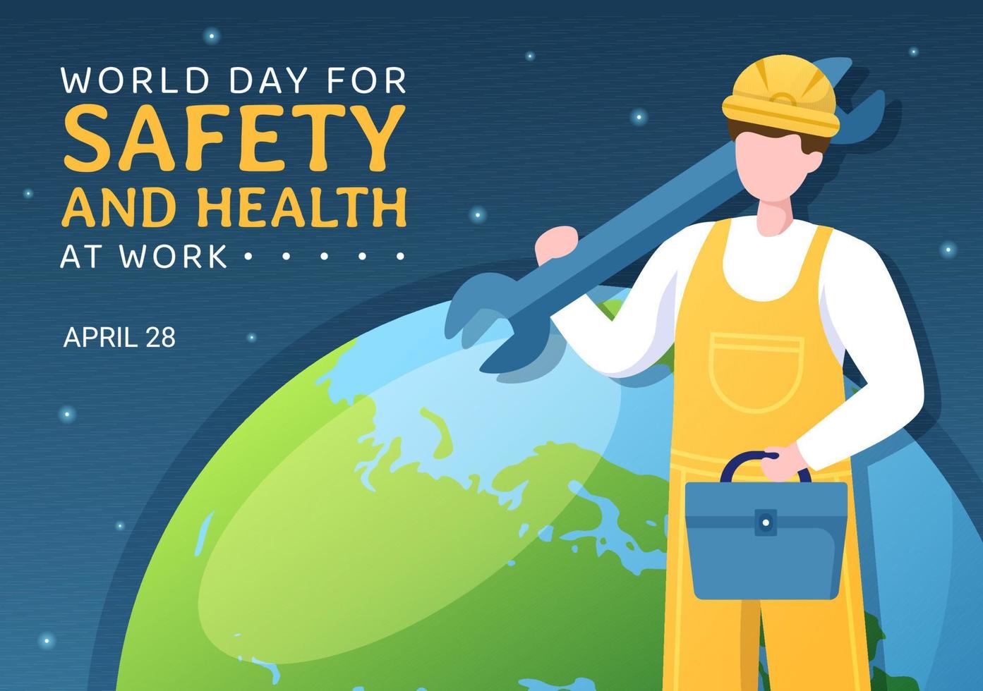 día mundial de la seguridad y la salud en el trabajo el 28 de abril ilustración con herramienta mecánica en caricatura plana dibujada a mano para banner web o plantilla de página de destino vector