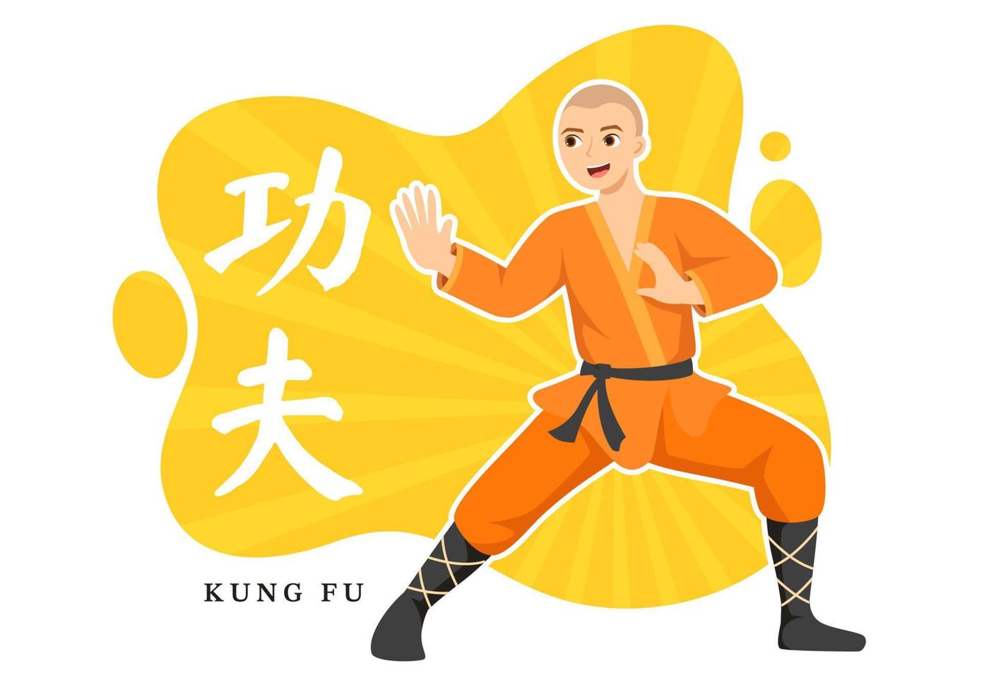 Kung Fu Illustration with People Showing Chinese Sport Martial Art in