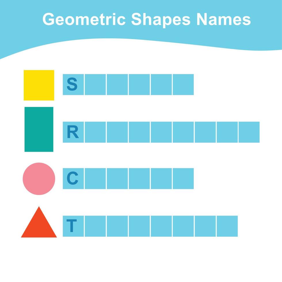 Geometric shapes name worksheet. Different shapes. Educational children game for learning geometric forms. Printable math worksheet. Vector illustration in cartoon style.