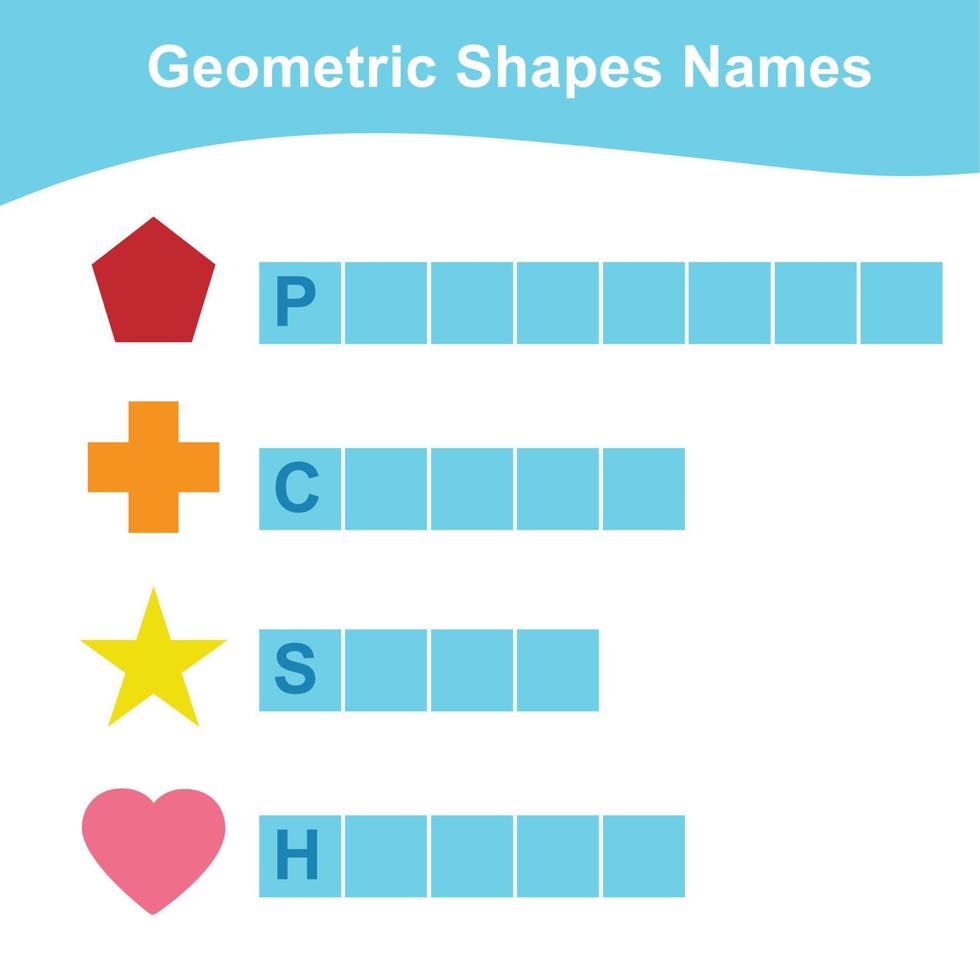 hoja de trabajo de nombre de formas geométricas. Diferentes formas. juego educativo para niños para aprender formas geométricas. hoja de trabajo de matemáticas para imprimir. ilustración vectorial en estilo de dibujos animados. vector