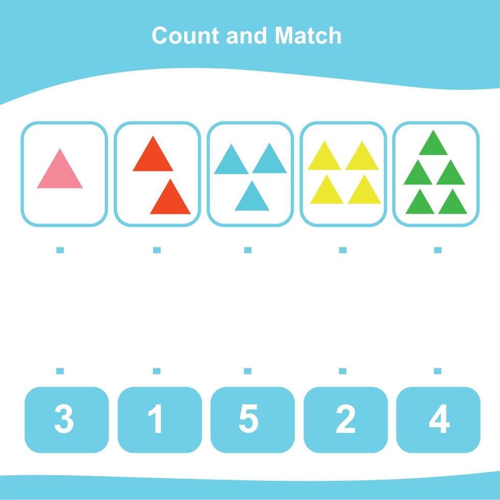 Count and Match Game for Kids. Geometric shapes Game. Math Worksheet for Preschool. Educational printable math worksheet. Vector illustration.
