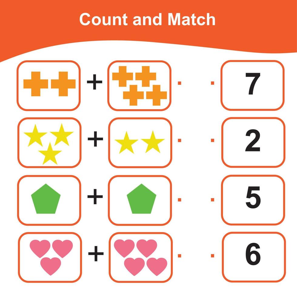 Counting and Matching Game for Preschool Children. Math Worksheet for Preschool. Geometric shapes theme. Educational printable math worksheet vector