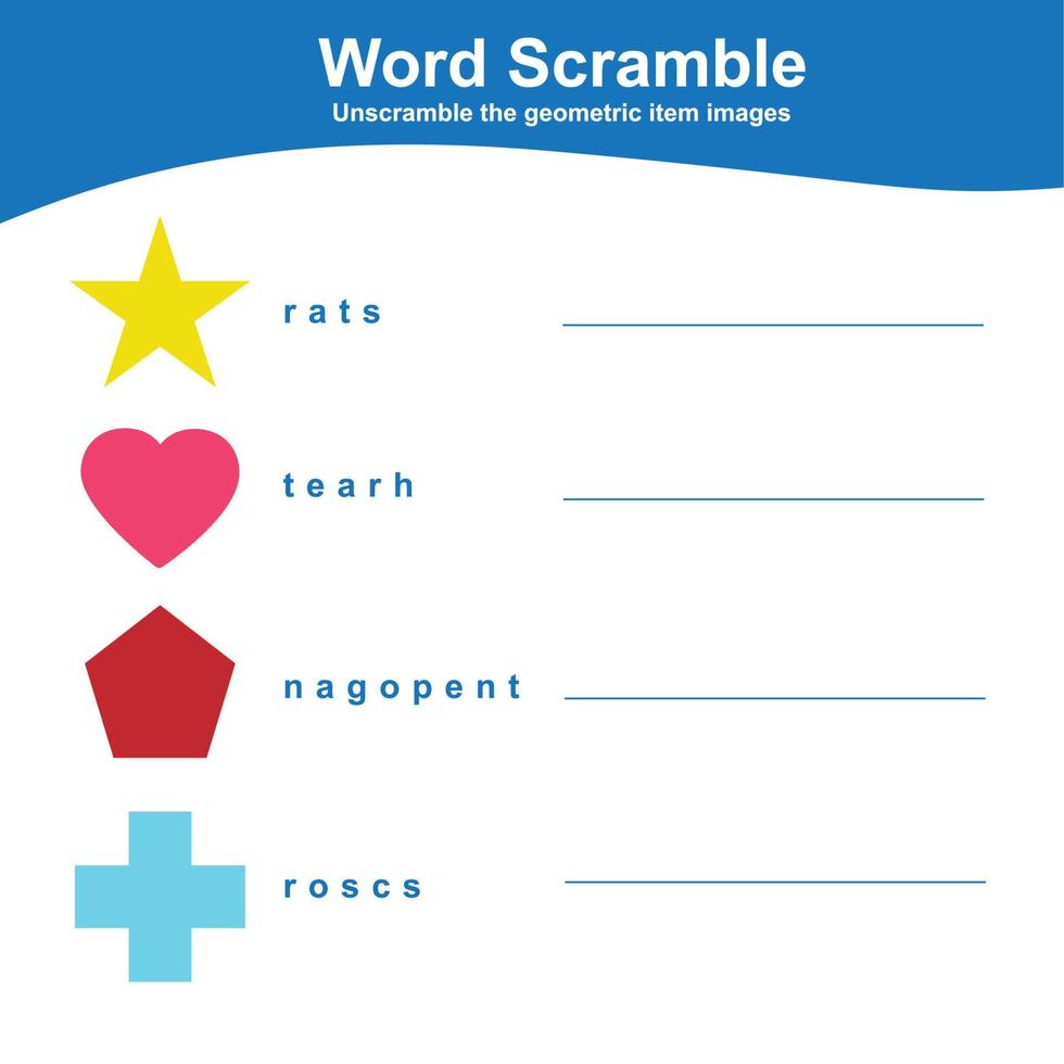 Geometric shapes Worksheet for kids. Word Scramble worksheet. Educational printable game cards. Geometric shapes. Vector file.