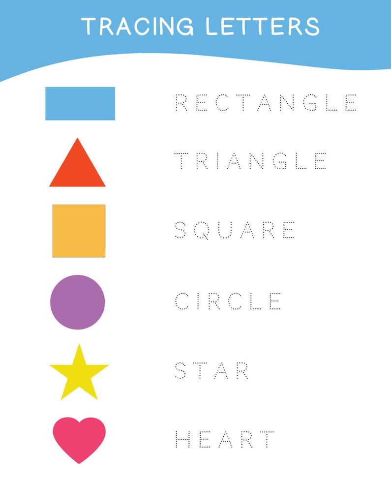 Tracing letters. Tracing names of shapes worksheet. Writing practice. Educational printable math worksheet. Colorful worksheet page. Vector file.