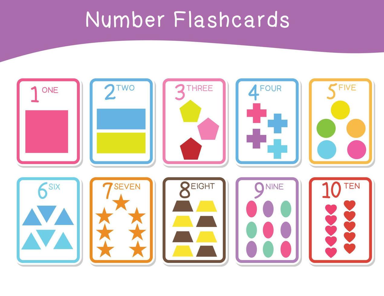 Cute number flashcards with geometric shapes set. English counting 1 to ten. Shapes Flashcards edition. Educational printable math flashcards. Vector illustration.