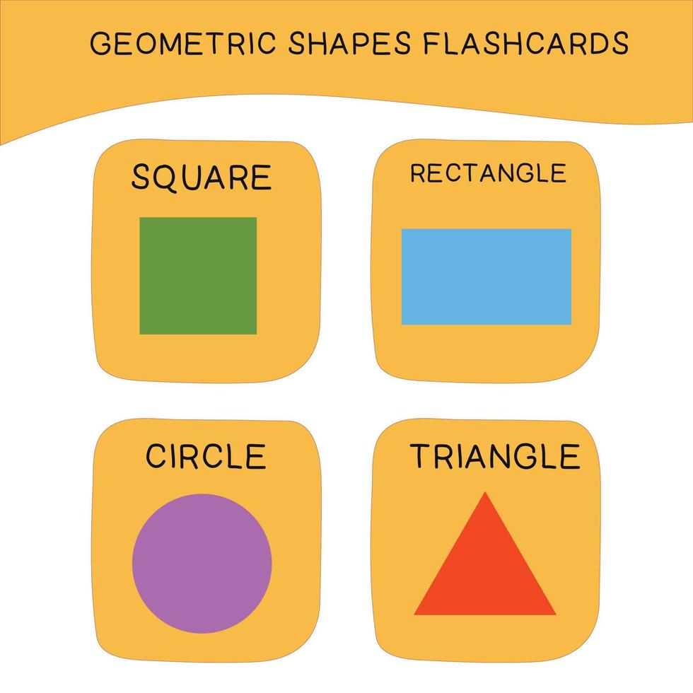 Geometric shapes name flashcards. Different shapes. Educational children game for learning geometric forms. Printable math flashcards. Vector illustration in cartoon style.