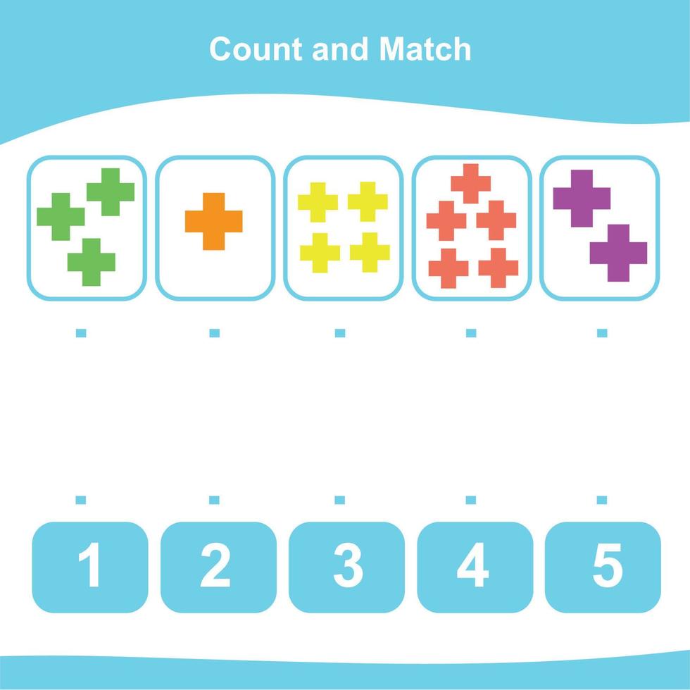 Count and Match Game for Kids. Geometric shapes Game. Math Worksheet for Preschool. Educational printable math worksheet. Vector illustration.