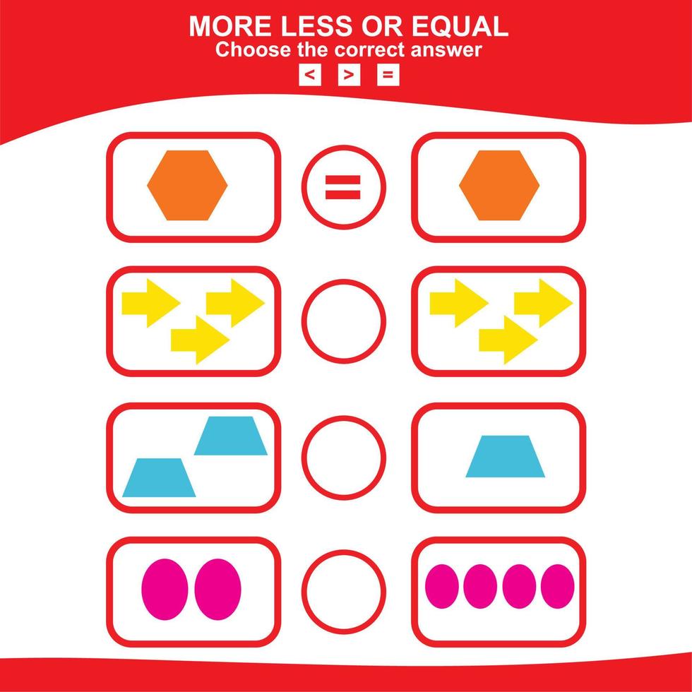 Math educational game for children. Choose more, less or equal game. Geometric shapes theme.  Educational printable math worksheet. vector