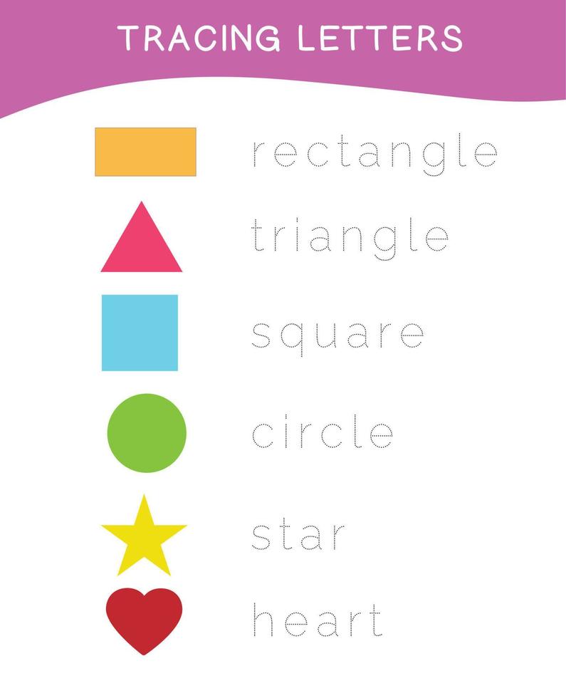 Tracing letters. Tracing names of shapes worksheet. Writing practice. Educational printable math worksheet. Colorful worksheet page. Vector file.