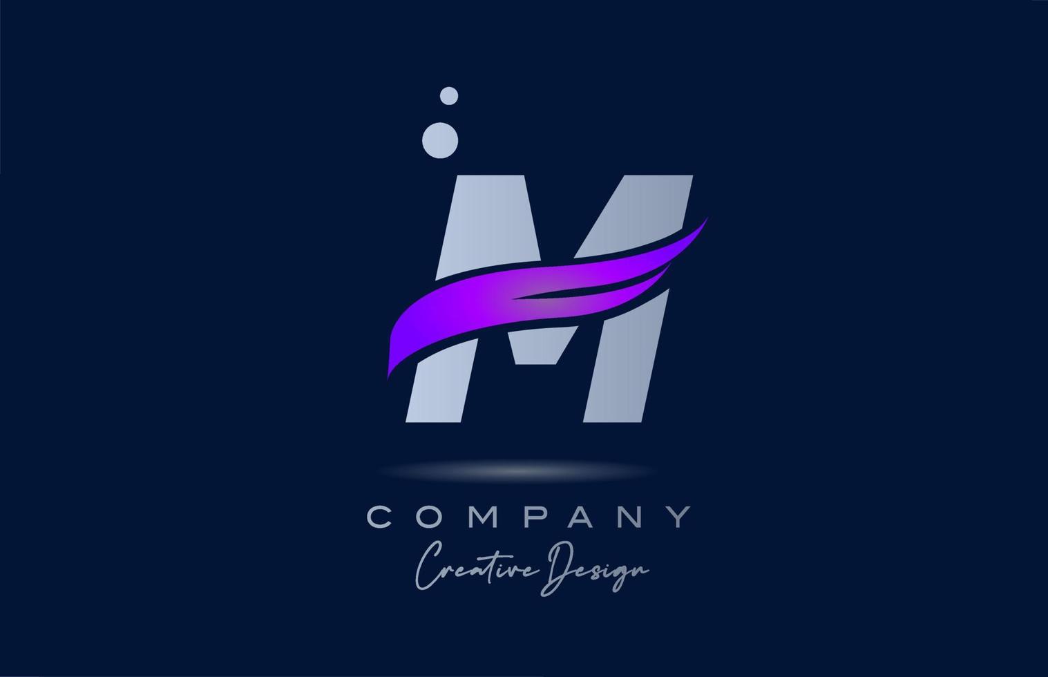 M purple alphabet letter logo icon with pink swoosh. Creative template for business and company vector