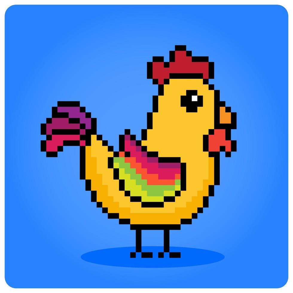 Pollo colorido de 8 bits de píxeles. animales para punto de cruz en ilustración vectorial. vector