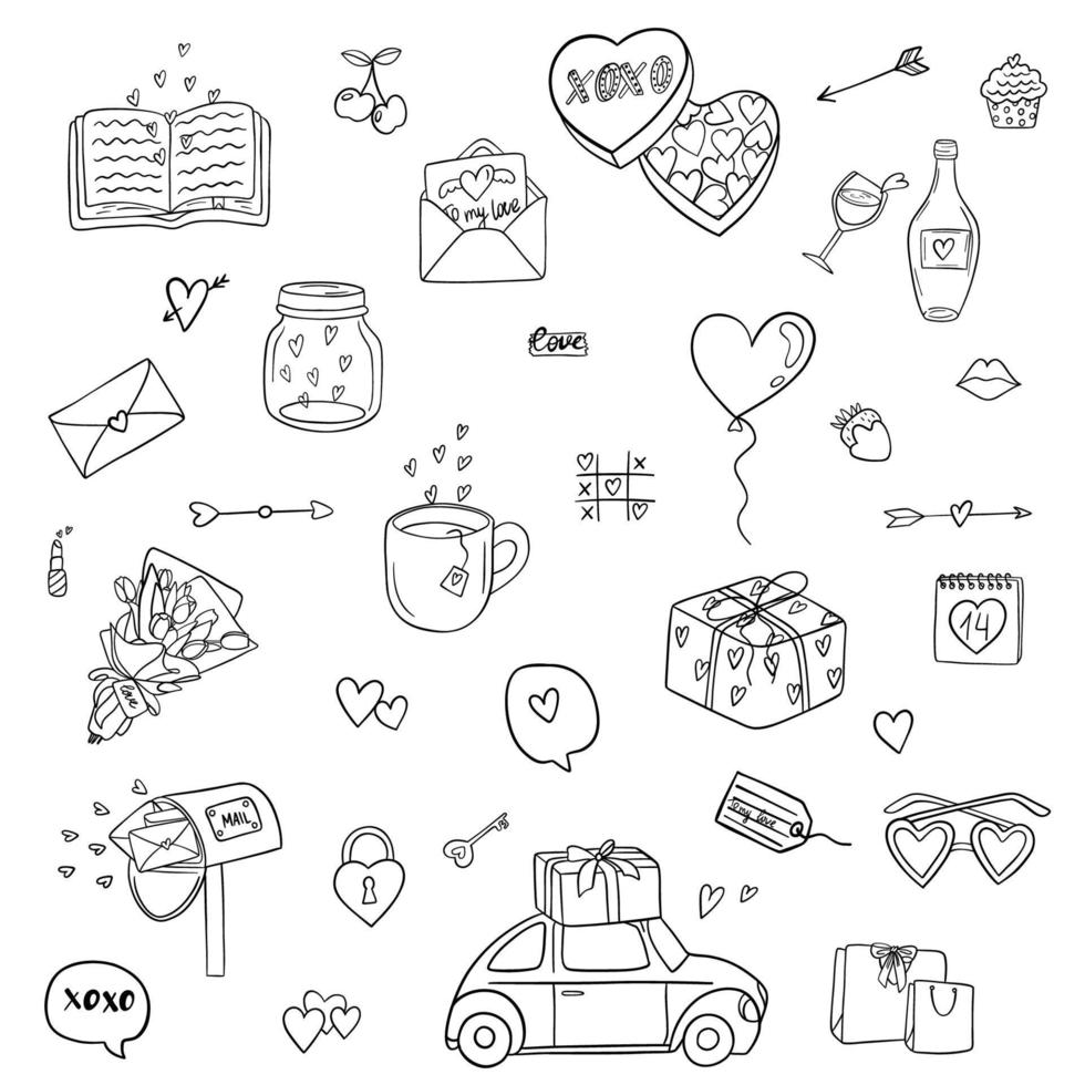 colección de elementos de línea para el día de san valentín. forma de corazones, carta de amor, buzón, ramo, regalo, dulces y botella de vid, y otros para decoración. diseño vectorial romántico vector