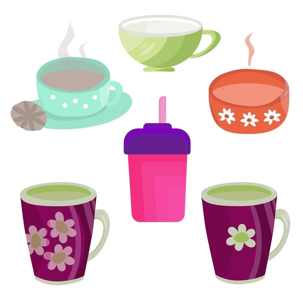 Set of various colored dishes for hot and cold drinks in vector