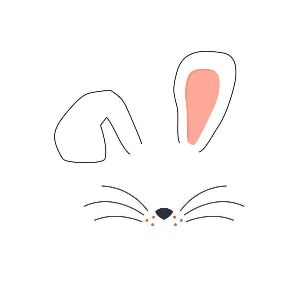 Cute bunny face vector illustration. Bunny. Ears and tiny muzzle with whiskers. Isolated on white background. Easter Day