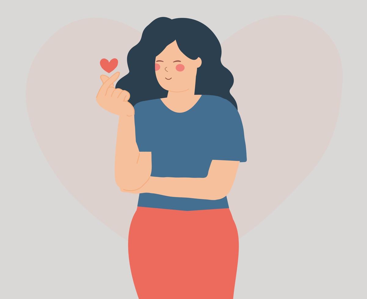 Happy young woman makes mini heart gesture in Korean style. Female character says hi or hello with hands. Asian girl crossed index and thumb fingers to show love and empathy. Vector illustration