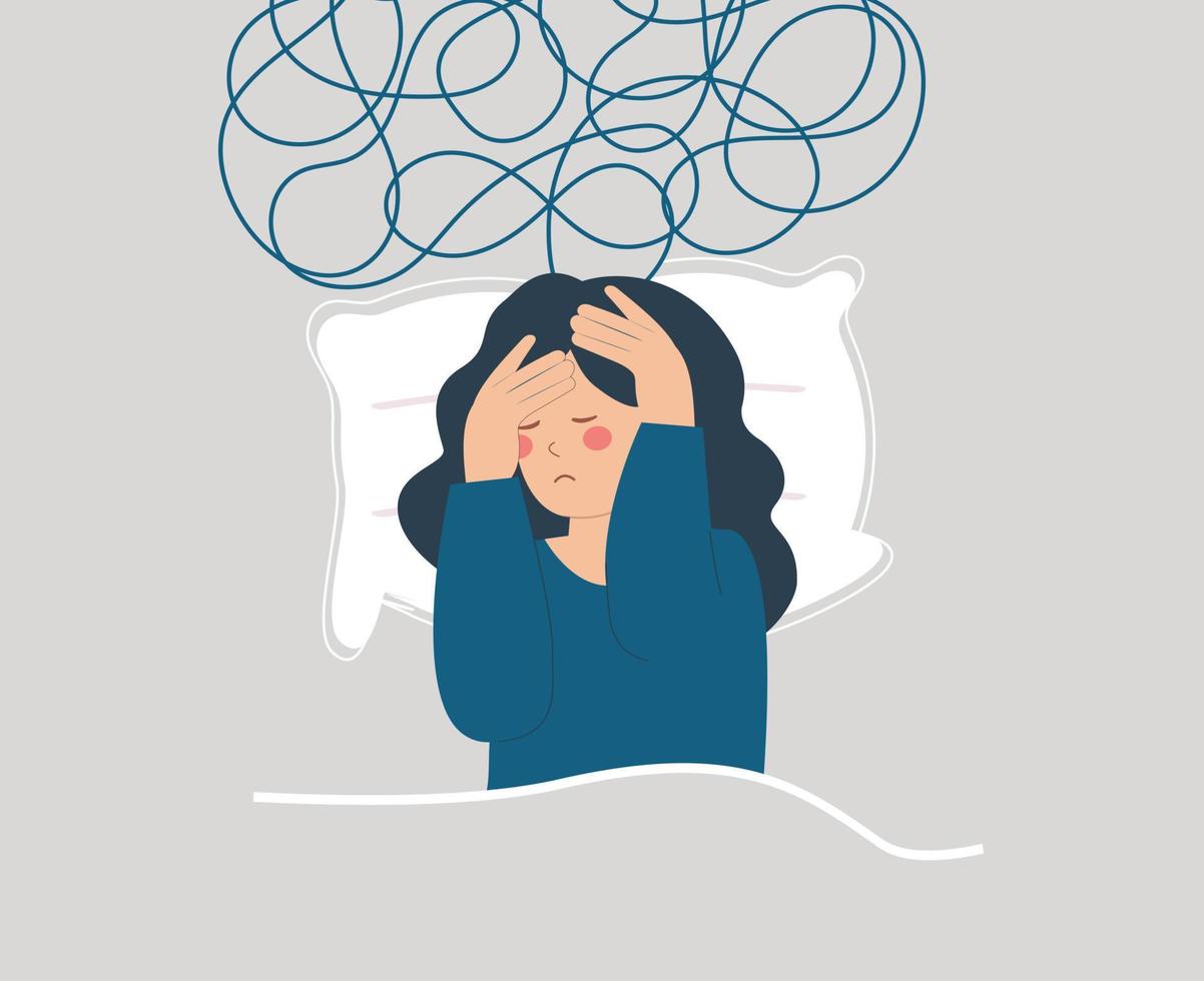 Tired woman lying on bed and has difficulty to sleep at night due to headache. Sad girl suffers from insomnia, nightmares and negative tangled thoughts. Concept of Mental health and sleep disorder. vector