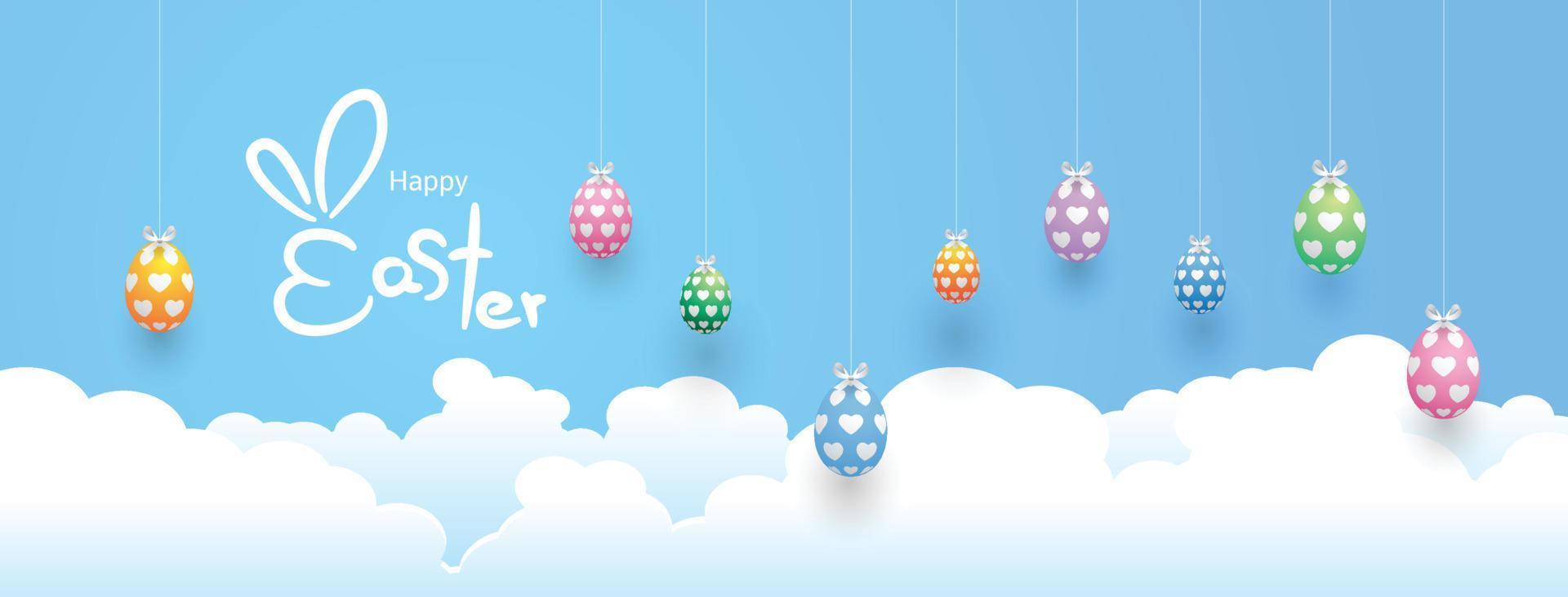 Happy Easter hand lettering with with Easter eggs, paper art style, Vector illustration