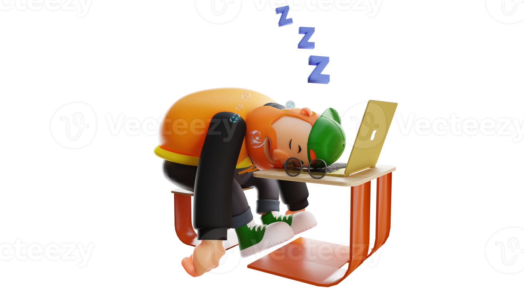 ilustración 3d personaje de dibujos animados 3d de hombre gordo soñoliento. un hombre elegante está durmiendo frente a una computadora portátil. hombre gordo durmiendo en una posición sentada. personaje de dibujos animados en 3D png