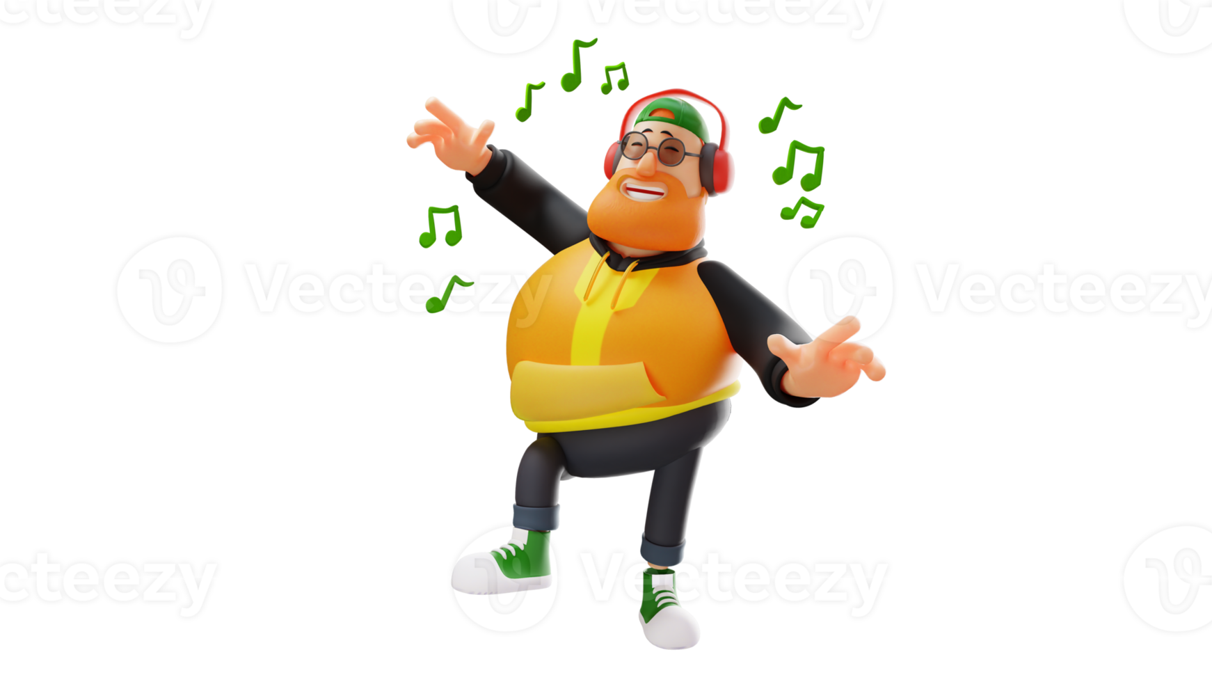 3D illustration. Talented Fat Man 3D Cartoon Character. A stylish man is listening to music with headphones. Fat man sings happily. 3D Cartoon Character png