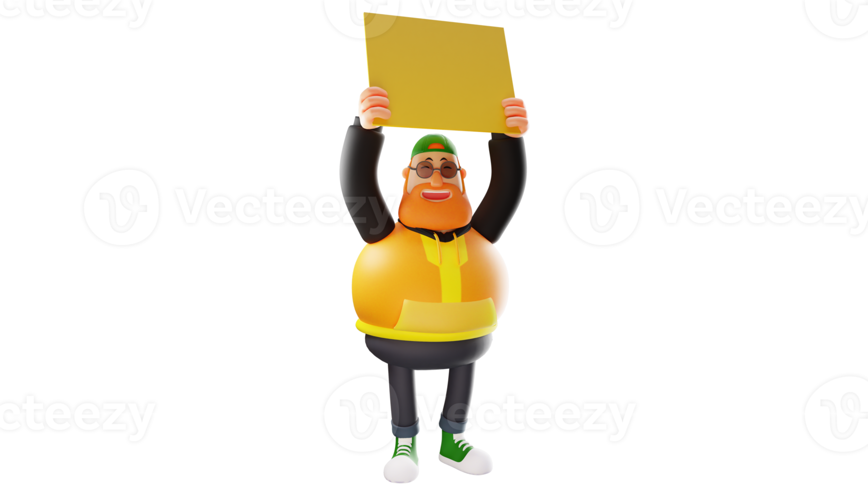 ilustración 3d emocionado gordo personaje de dibujos animados en 3d. un hombre elegante sonriendo felizmente. el gordo sostiene una pizarra amarilla. personaje de dibujos animados en 3D png