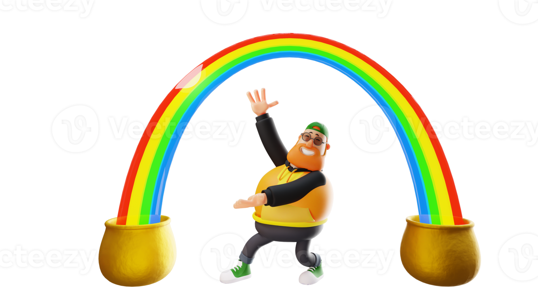 3D illustration. Happy Fat Man 3D Cartoon Character. A stylish man smiling happily spreads his arms. Fat man standing under the rainbow happily. 3D Cartoon Character png