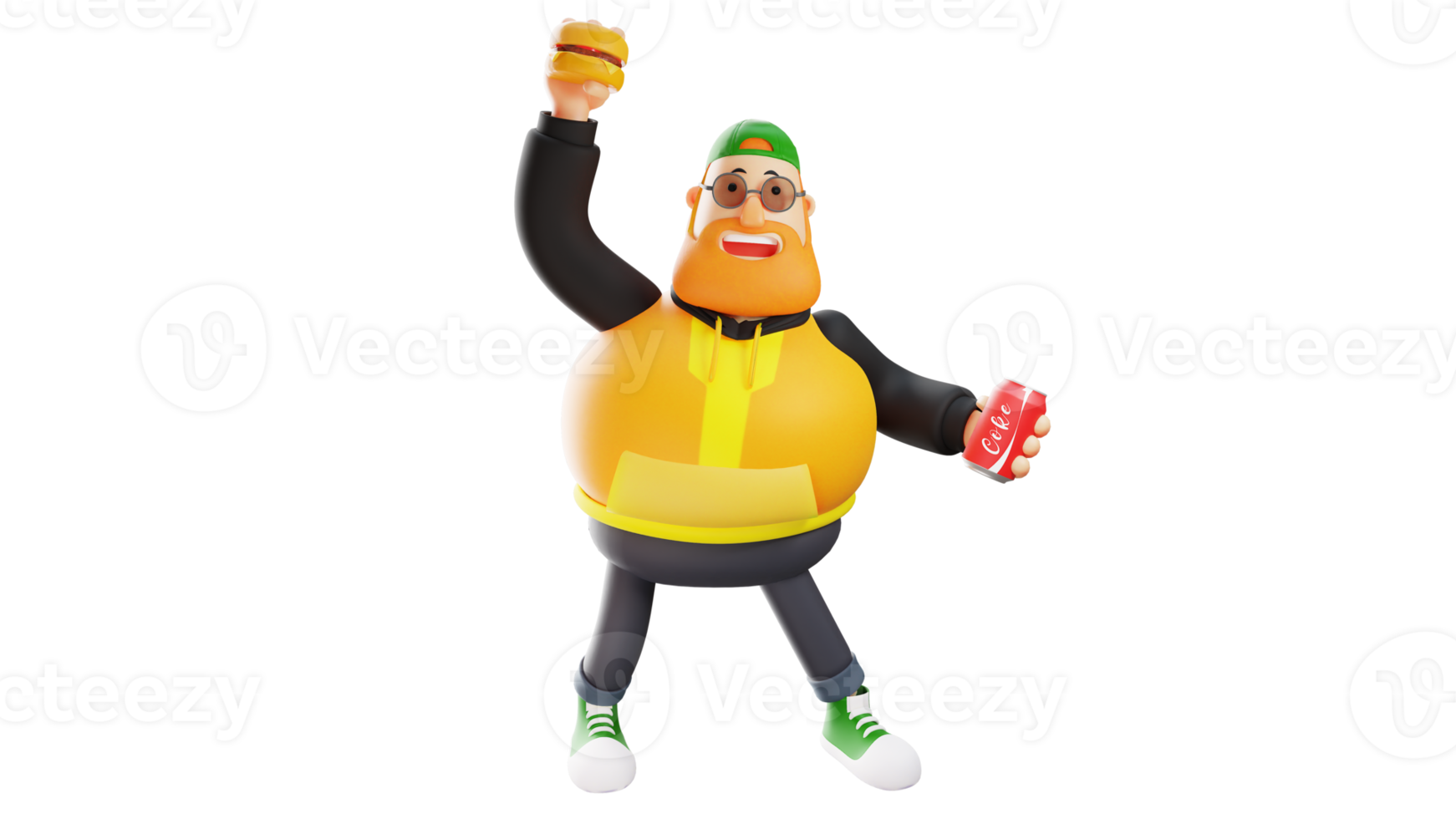 3D illustration. Happy Fat Man 3D Cartoon Character. A stylish man smiling happily. Fat man holding a burger and a can of coke. 3D Cartoon Character png