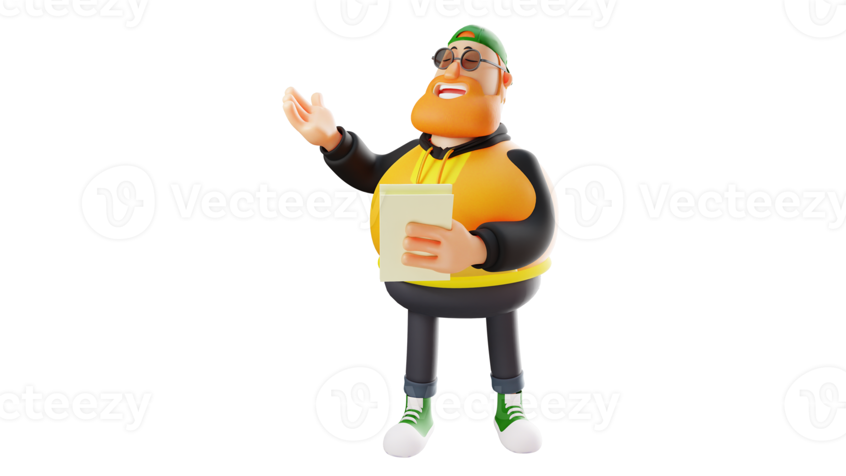 3D illustration. Talented Fat Man 3D Cartoon Character. A stylish man is holding a text. Fat man reads poetry with great devotion. 3D Cartoon Character png