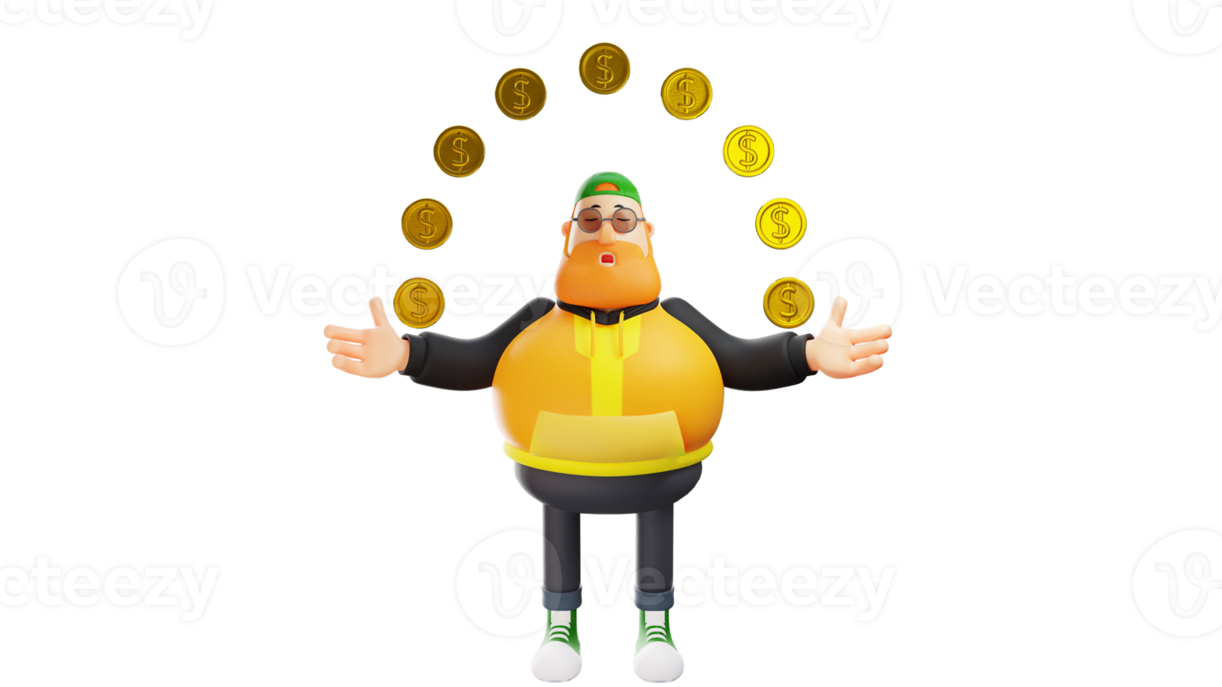 Free 3D illustration. Rich Fat Man 3D Cartoon Character. A rich man closed  his eyes and stretched out his hands. Fat man surrounded by gold coins. 3D  Cartoon Character 18823746 PNG with