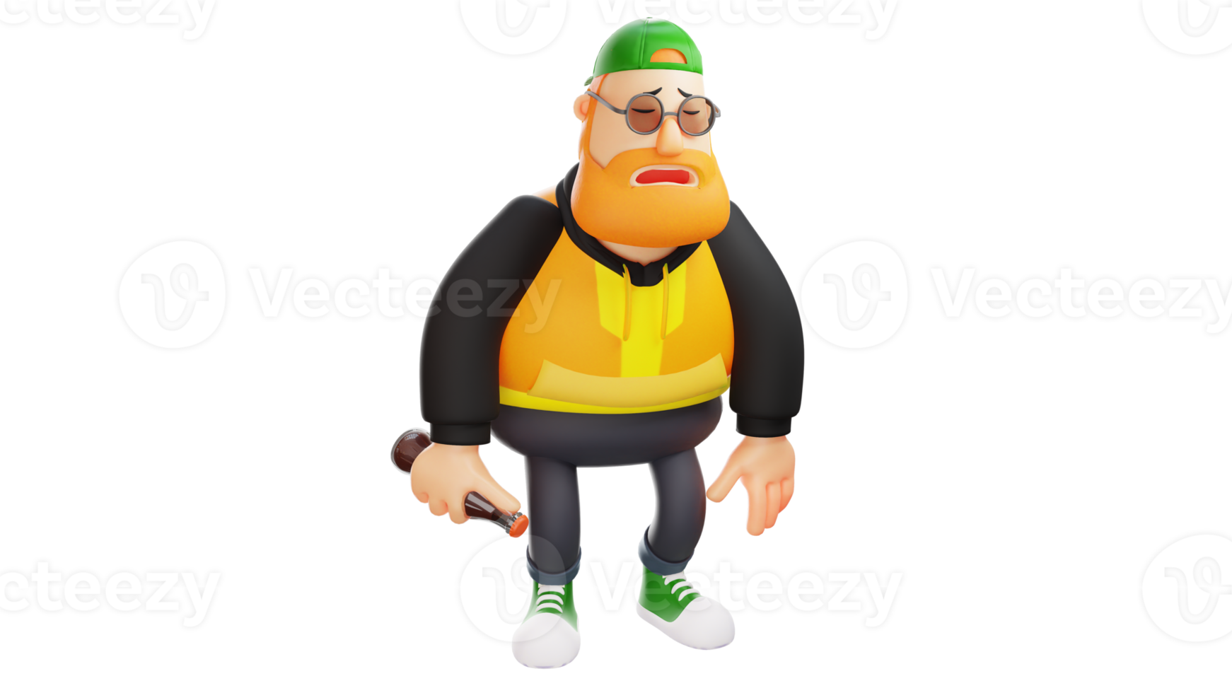 3D illustration. Tired Fat Man 3D Cartoon Character. A stylized fat man was standing with his eyes closed. Fat man sleepy and carrying a bottle of soda. 3D Cartoon Character png