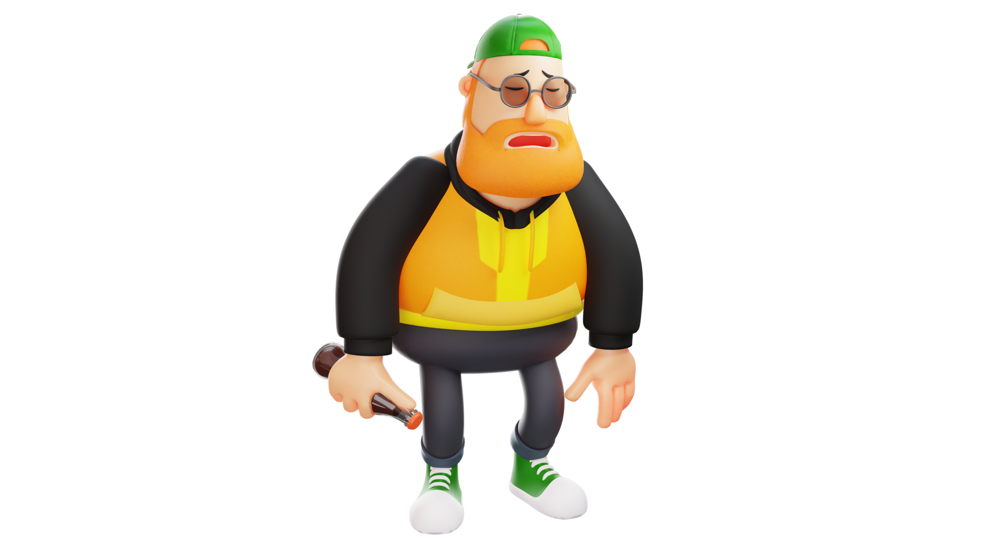 Free 3D illustration. Tired Fat Man 3D Cartoon Character. A stylized fat  man was standing with his eyes closed. Fat man sleepy and carrying a bottle  of soda. 3D Cartoon Character 18823749