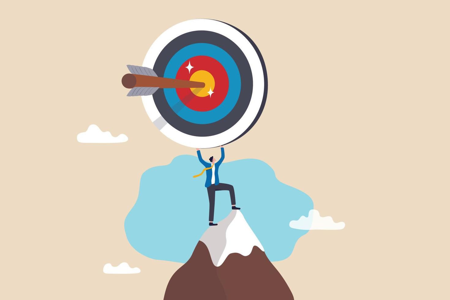 Business target, aiming high goal, objective or purpose, skill or aspiration to achieve target, precision or accuracy concept, success businessman holding big target with arrow hit bullseye center. vector