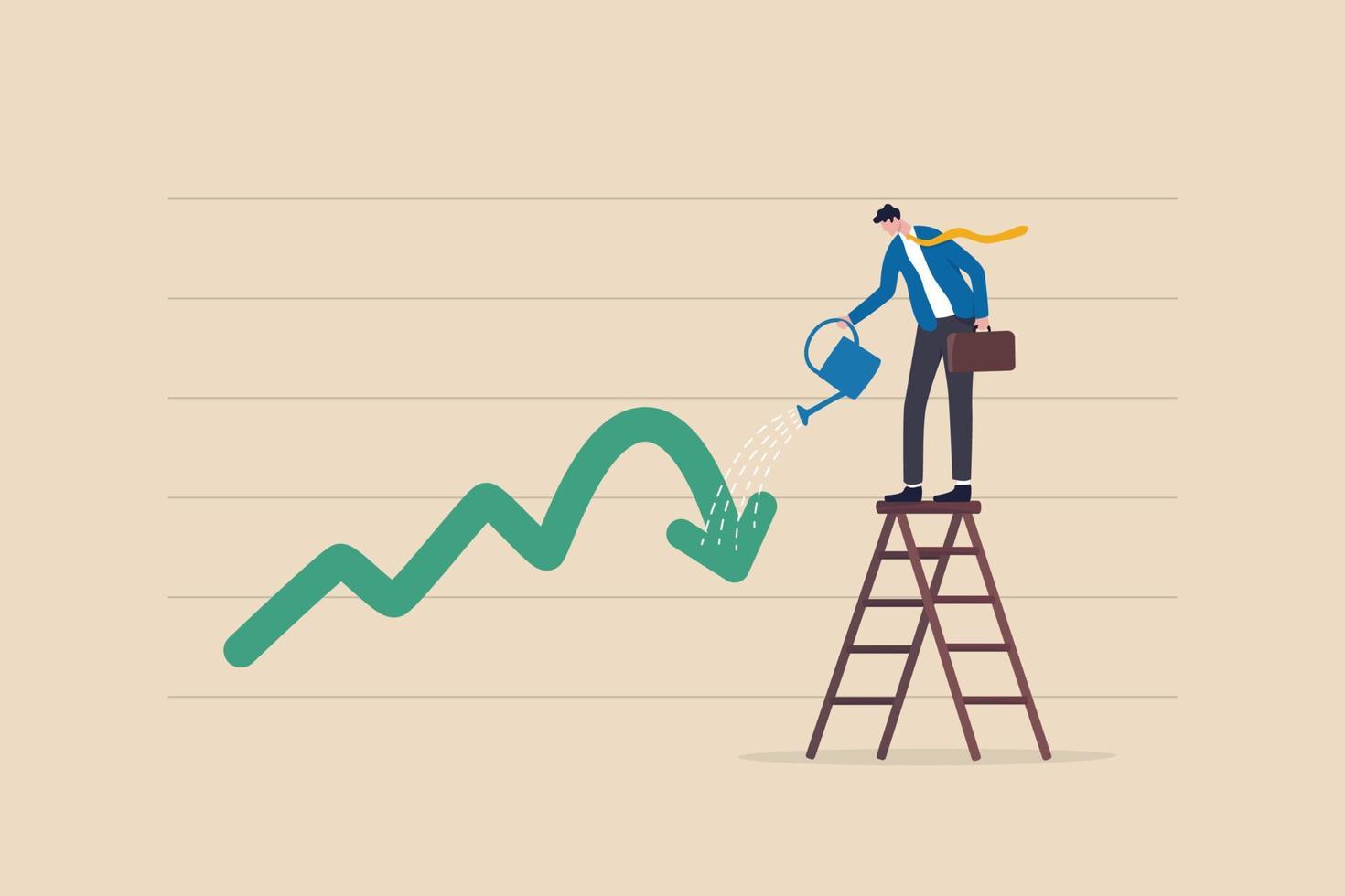 Growing investment from loss or recession, stimulate or boost profit and earning from stock market crisis or downturn concept, businessman investor watering fall down graph and chart to make it grow. vector