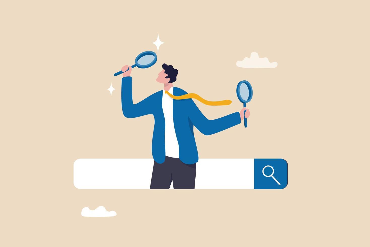 Search, discover or research, SEO, search engine optimization, finding information, new job or explore websites concept, businessman with magnifying glass discover new websites from search bar. vector