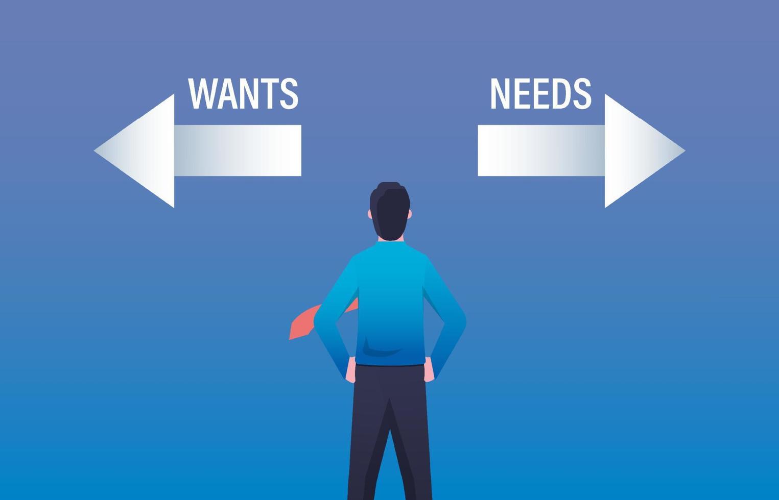Businessman dilemma choice between wants and needs,  priority and desires with arrows opposite direction symbol vector