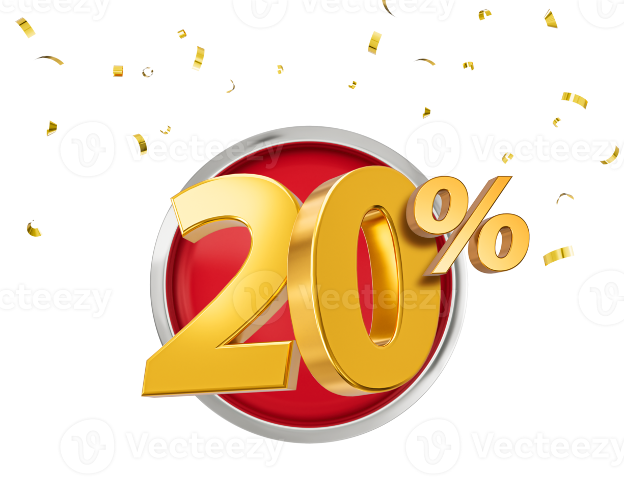 20 % de réduction sur le symbole de vente d'or 3d avec des confettis. bannière et affiche de vente png