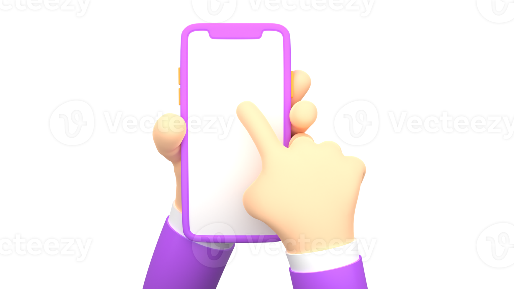Representación de dibujos animados en 3D de la mano de un hombre de negocios sosteniendo un teléfono inteligente con una pantalla en blanco para una plantilla de maqueta png