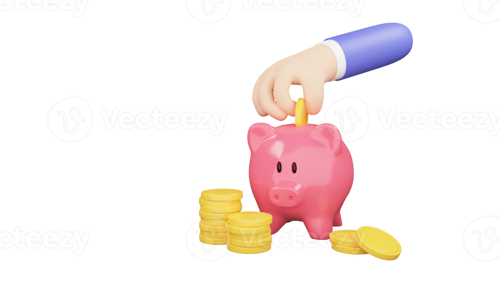 Cartoon Hand putting coin to piggy bank. Saving money. 3d render illustration png