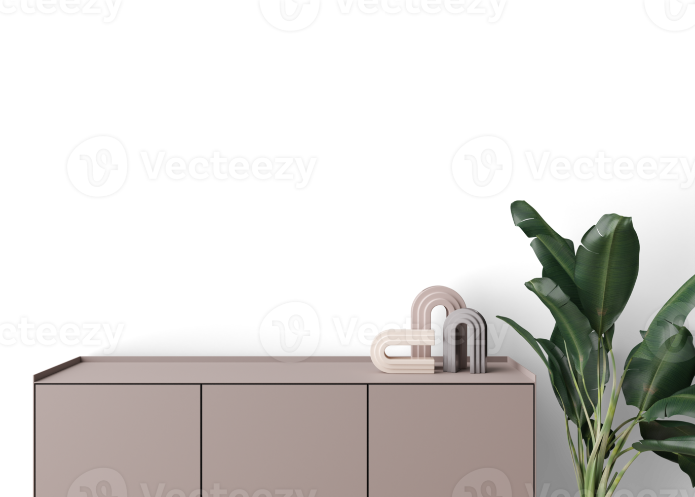 Wallpaper presentation mock up. Sideboard with home accessories on transparent background. Copy space for wallpaper design, wall panels, photo wallpaper, print or paint. Interior mockup. 3D render. png