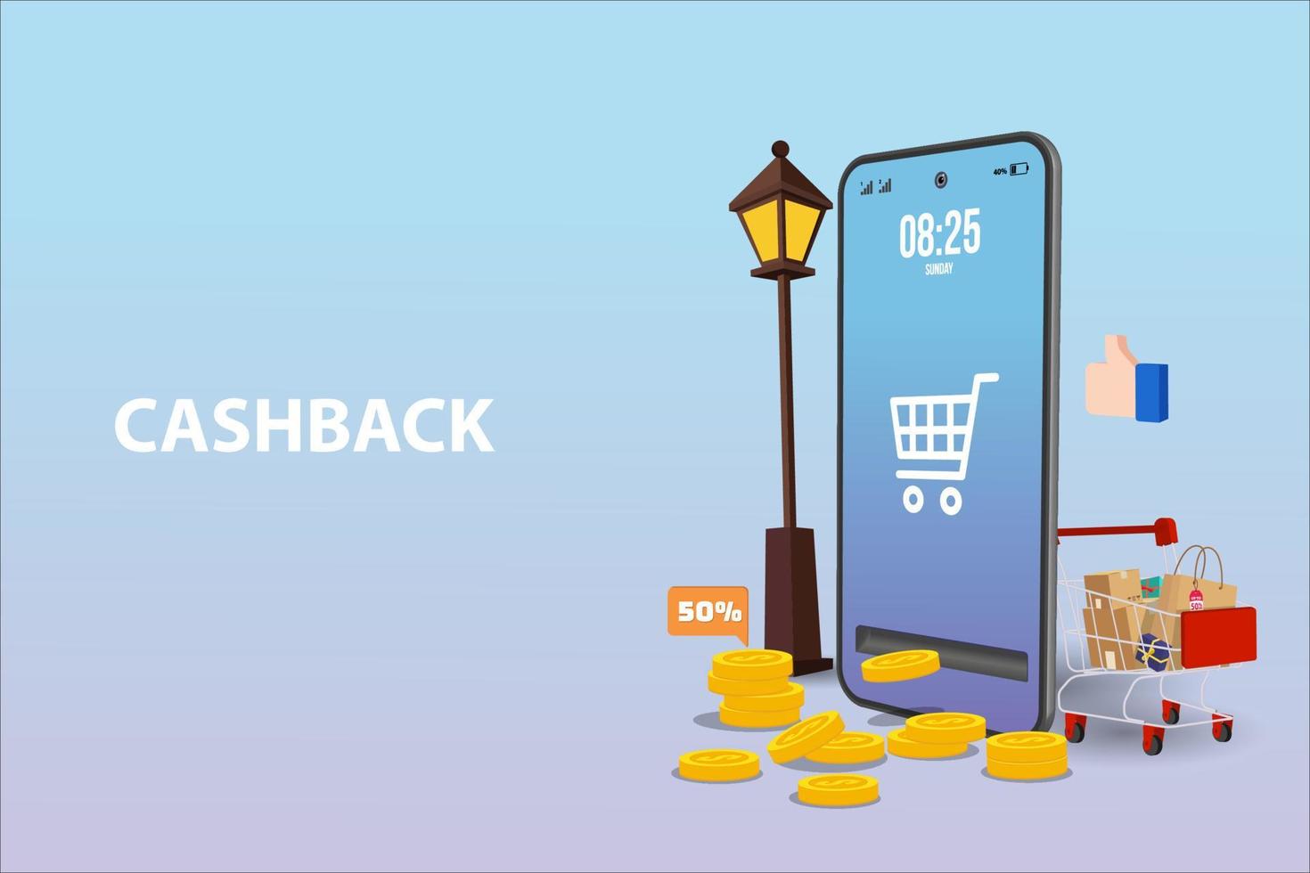 Cashback concept. Saving money. Money refund. Pile coins and phone with button get started the cashback. Vector illustration in flat style.