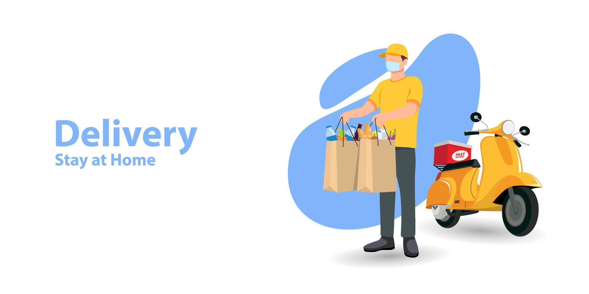 Mobile shopping flat vector concept. Hand of delivery man with shopping bag from cloud and customers