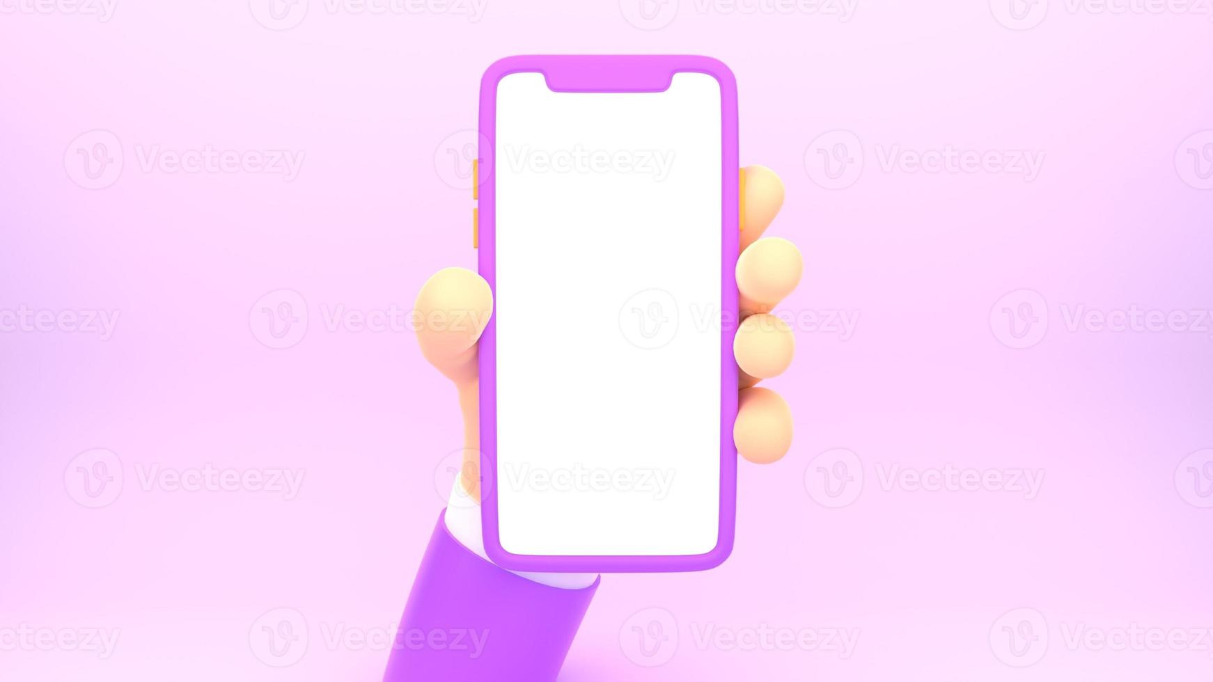 3D Cartoon render og hand holding smartphone isolated on purple background, Hand using mobile phone mockup. photo