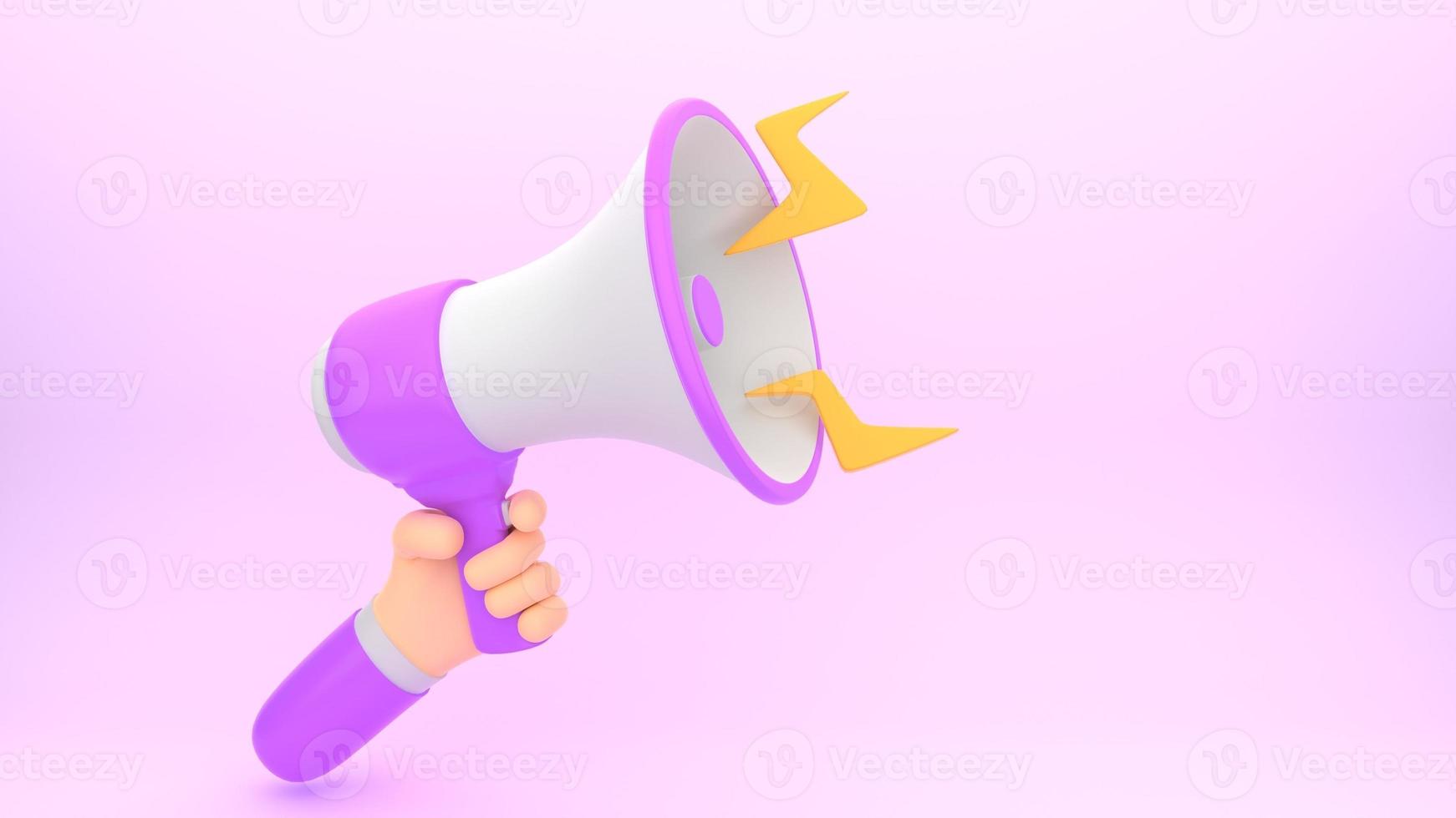 3d render of hand holding megaphone. 3d background for social media and djital marketing or important announcement message concept photo