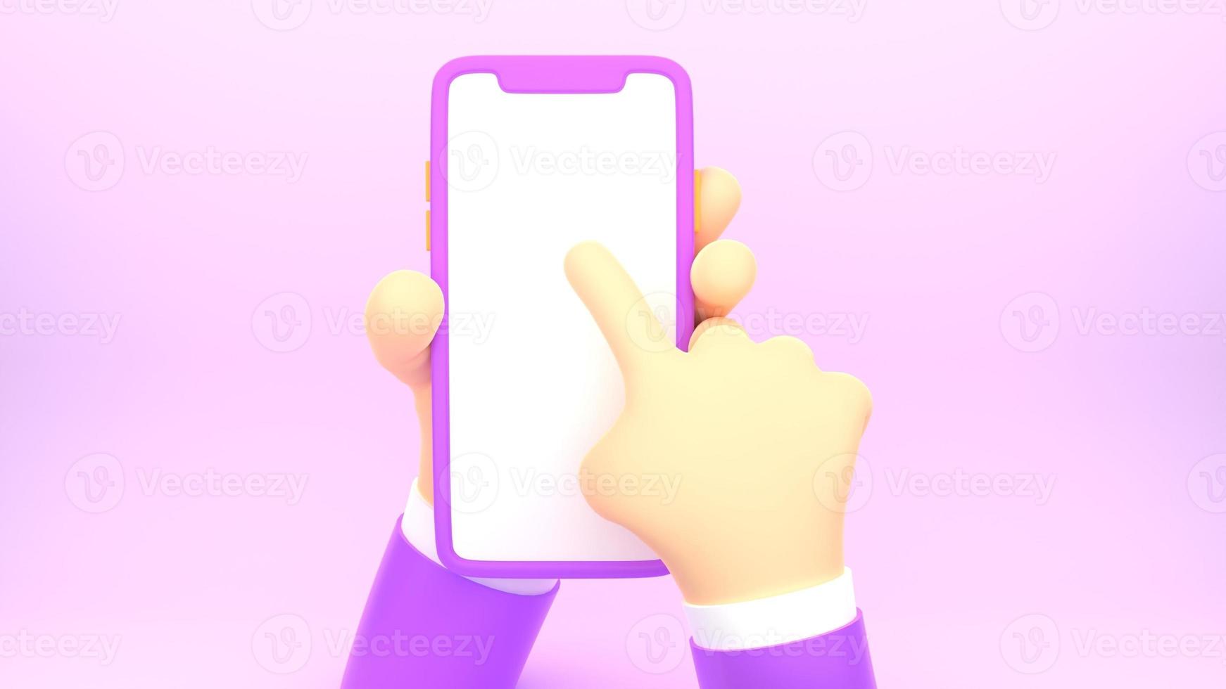 3d cartoon render of Businessman hand holding smartphone with blank screen for mockup template photo