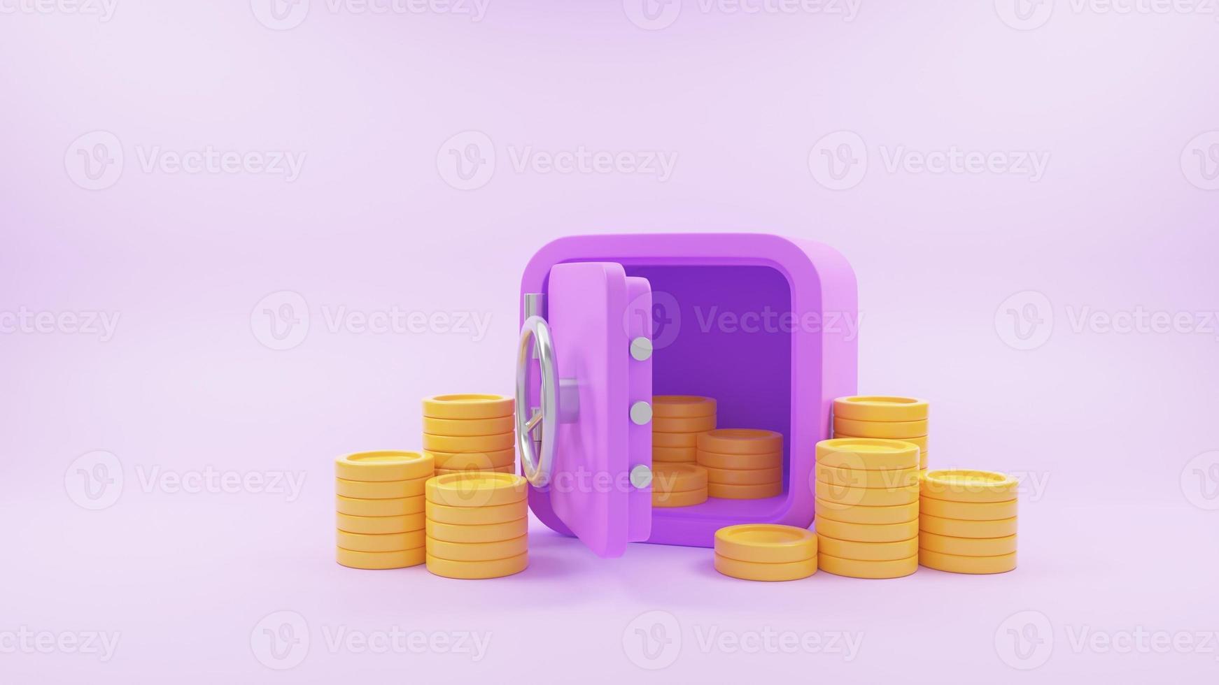 Vault or Safe box with coin stacks, bunch of money, money-saving, and stored money concept. 3d render illustration photo