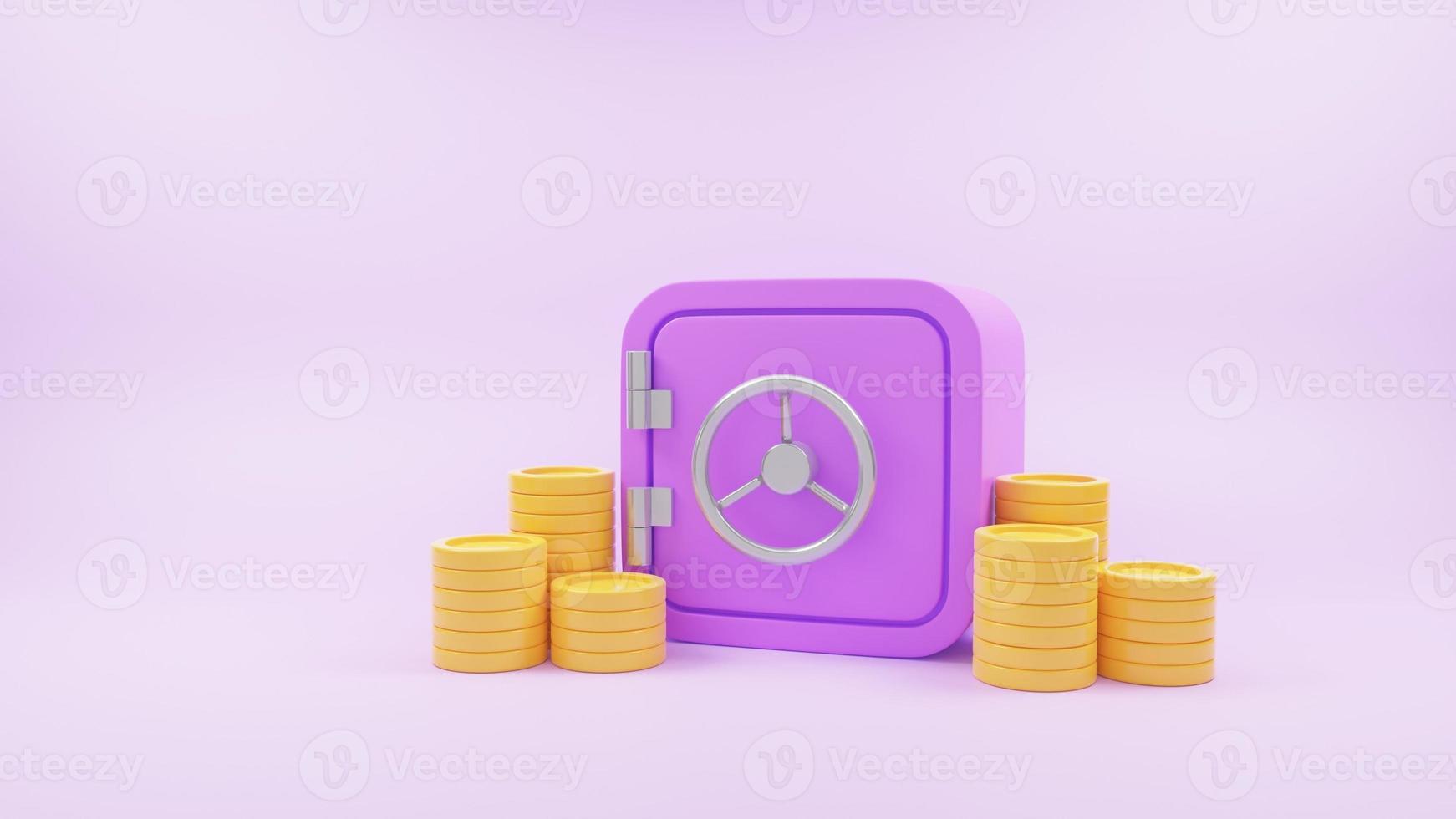 Vault or Safe box with coin stacks, bunch of money, money-saving, and stored money concept. 3d render illustration photo