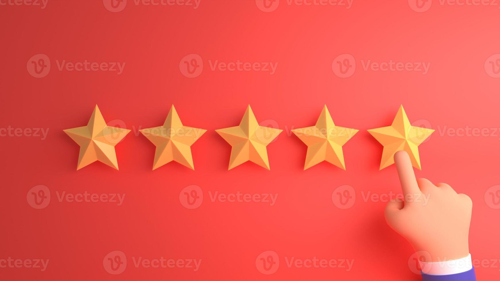 3d cartoon hand pointing, finger pointing to five star rating. Increase rating evaluation and classification concept. Customer review concept photo