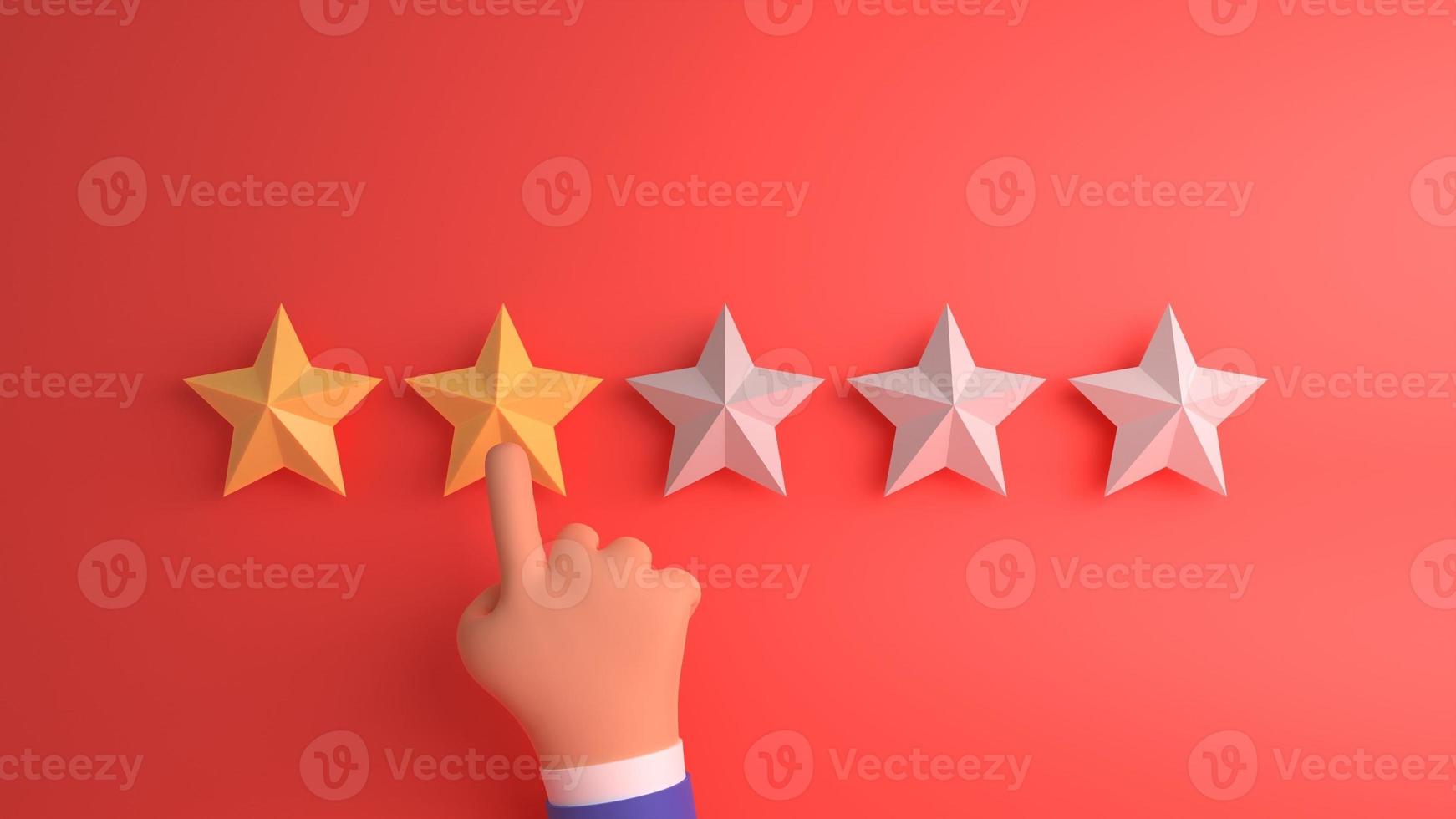 3d cartoon hand pointing, finger pointing to five star rating. Increase rating evaluation and classification concept. Customer review concept photo