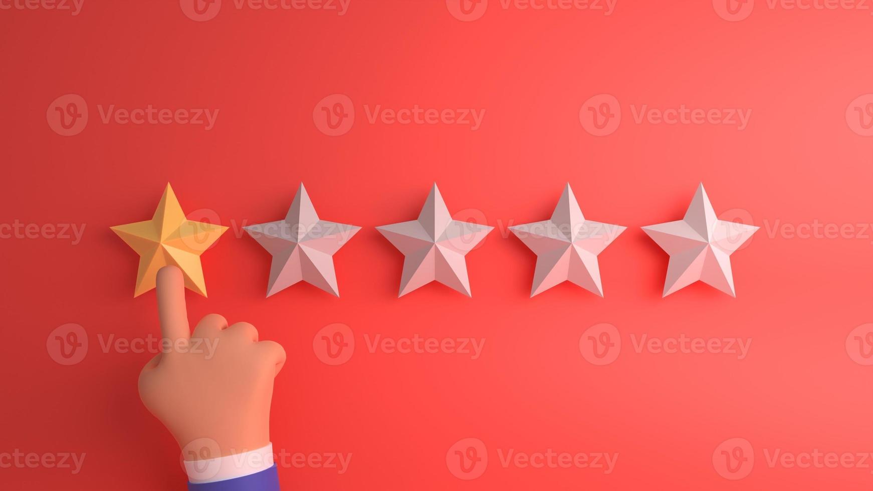 3d cartoon hand pointing, finger pointing to five star rating. Increase rating evaluation and classification concept. Customer review concept photo