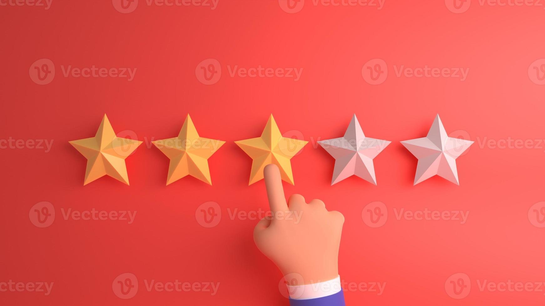 3d cartoon hand pointing, finger pointing to five star rating. Increase rating evaluation and classification concept. Customer review concept photo