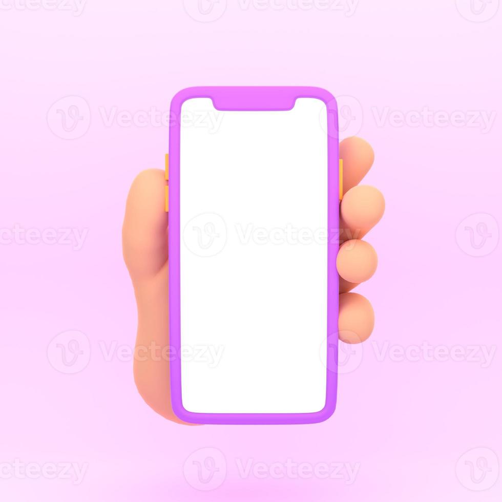 3D Cartoon render og hand holding smartphone isolated on purple background, Hand using mobile phone mockup. photo